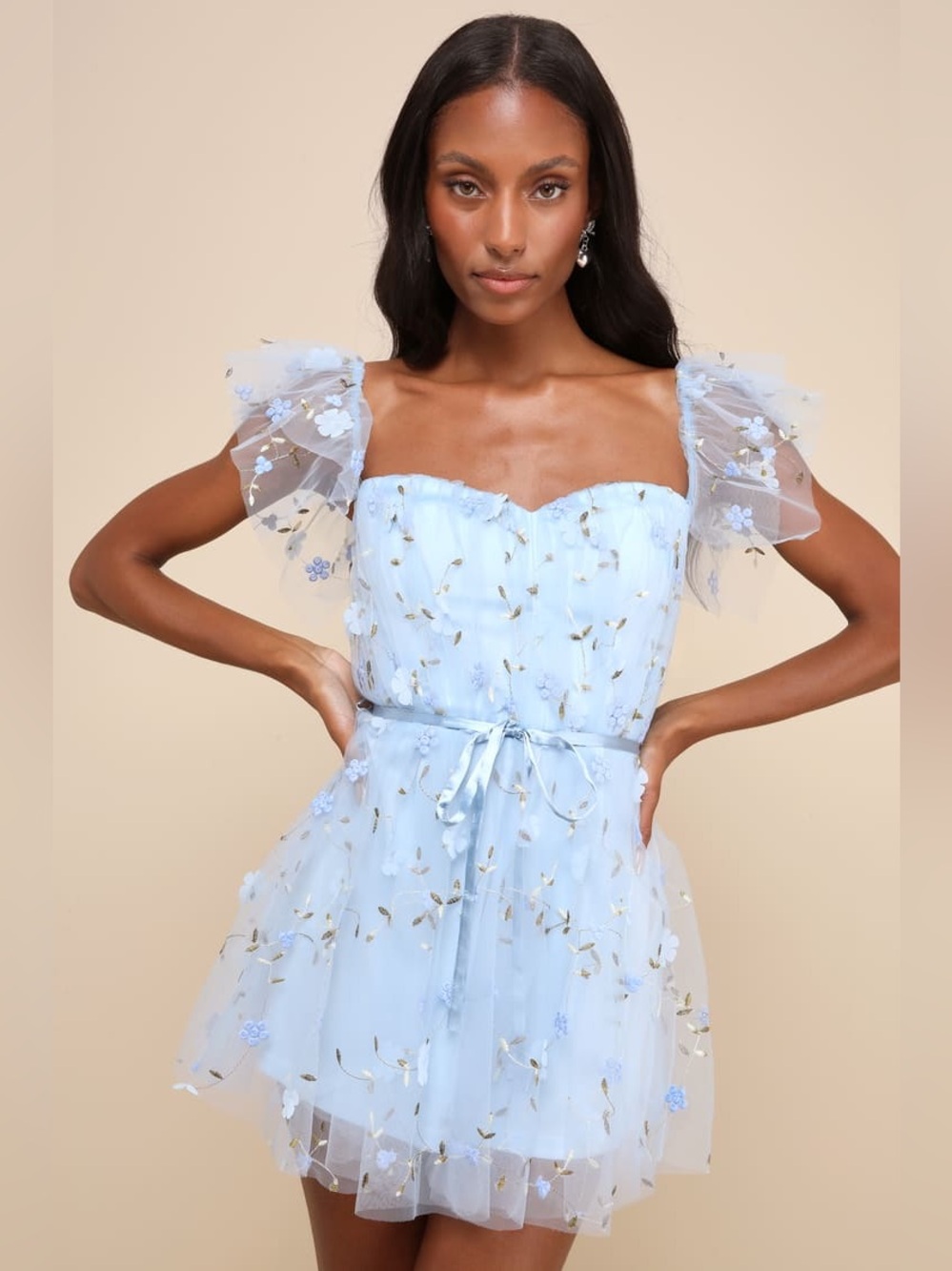 NWT Lulus Darling Grace Light Blue Tulle Embroidered Flutter Sleeve Romper Dress